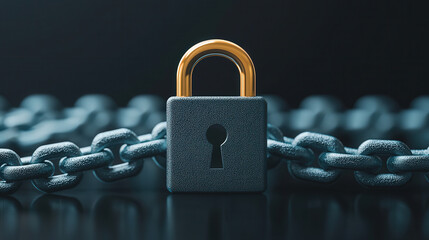 Leinwandbilder - Golden padlock secures chain, symbolizing strong security and protection against cyber threats. image highlights importance of safeguarding information and ensuring business continuity