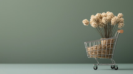 Leinwandbilder - Small shopping cart filled with dried flowers and wicker baskets sits against muted green background, symbolizing eco friendly shopping and sustainable living