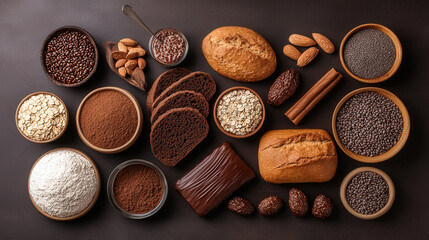Poster - Variety of baked goods and ingredients are artfully arranged on dark surface including whole grain bread chocolate cake oats cocoa powder almonds chia seeds and dates