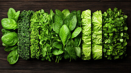 Poster - Variety of fresh green leafy vegetables including spinach, kale, arugula, and lettuce are neatly arranged on dark wooden surface, showcasing their vibrant colors and textures
