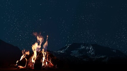 Wall Mural - a bonfire burns at night against the background of mountains and sea with bright stars..