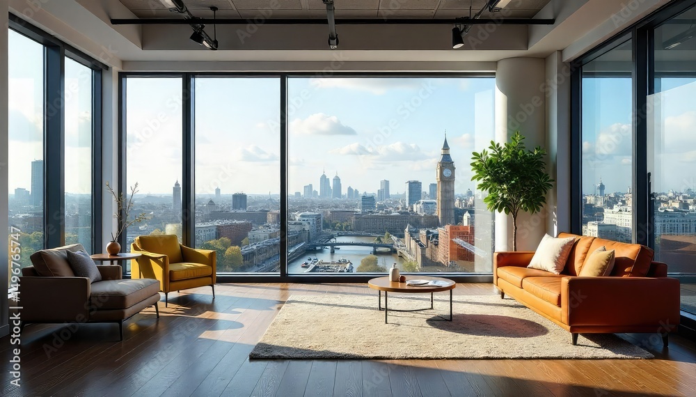 Modern London office interior with large windows offering stunning city ...