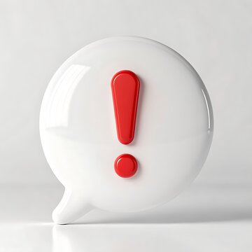 3d rendered white speech bubble with red exclamation mark indicating a warning or alert