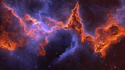 Fiery, swirling nebula in deep space, vibrant orange and blue hues, cosmic dust and stars