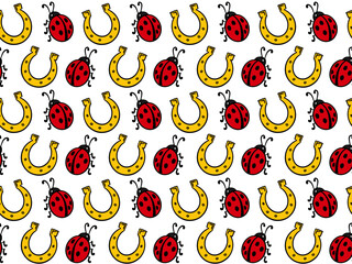 seamless pattern with red ladybugs and golden horseshoes on white background. ideal for lucky charm 