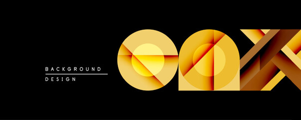 Poster - Abstract golden shapes overlap black background. Geometric design features layered circles, squares, lines creating dynamic visual effect. Modern aesthetic suitable for digital projects.