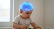 © Helen - Baby child with glowing brain illustration. Concept of child brain development, intellectual growth, and early learning.
