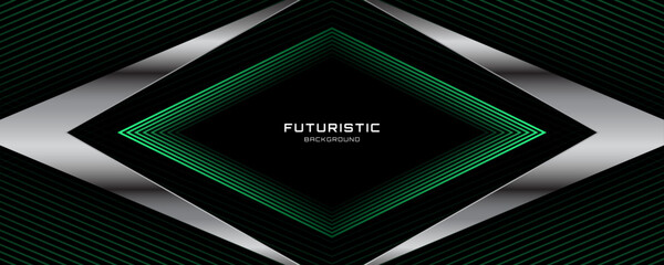 Poster - 3d green black techno abstract background overlap layer on dark space with silver lines effect decor