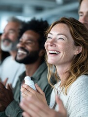 Poster - Woman Holding Product and Clapping With Diverse Audience, Showing Appreciation and Positive Feedback For Marketing Campaign and Corporate Event : Generative AI