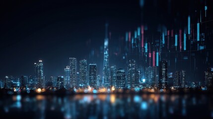 Poster - Smart City Nightscape Merged with Blockchain Symbols and Data