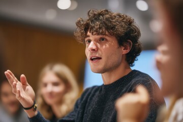 Aufkleber - Young Man Explaining a Concept During a Meeting, Emphasizing Teamwork and Corporate Training, With Colleagues in the Background : Generative AI