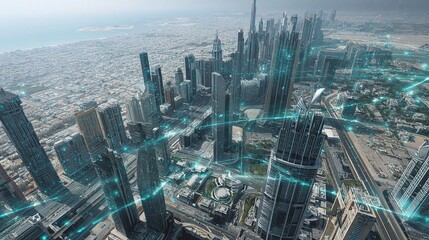 Poster - High Angle View of Dubai with Graphical Data Flow Representation