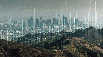 Poster - aerial view of downtown los angeles overlaid with futuristic graphics