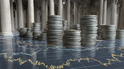 Poster - Piles of Coins in Banking Hall with Financial Floor Plan Design