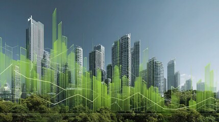Poster - Dynamic Growth Graphs Over Skyscrapers Showcasing Real Estate Trends