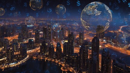 Poster - Floating Currency Signs and Digital Globe Over Dubai Skyline at Night