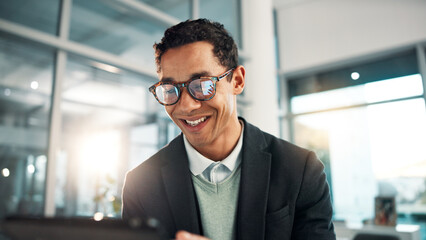Aufkleber - Reading, business and man on tablet in office for networking, connection and online research. Company, professional and worker on digital tech for website, finance report and planning for project