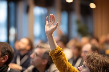 Aufkleber - Person Raising Hand at Conference, Seeking Collaboration and Participation During a Meeting, Representing Engagement and Active Involvement in Discussion : Generative AI