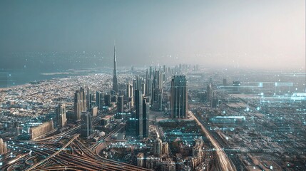 Poster - High Angle View of Dubai with Graphical Data Flows and Cityscape