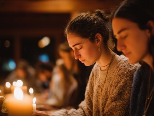 Aufkleber - Two Young Women Meditating by Candlelight in a Dark Room, Representing Inner Peace and Spiritual Retreat, Ideal for Wellness Campaigns and Relaxation Content : Generative AI