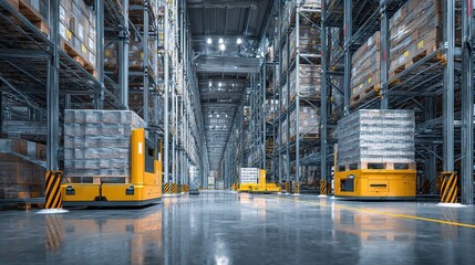 Poster - High-Tech Warehouse with Stacked Pallets and AGV Trucks in Action