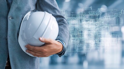 Poster - Young Engineer Holding Helmet Against Digital Grid Background