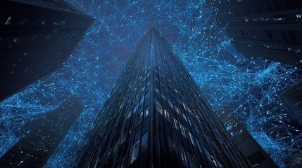 Aufkleber - luminous skyscraper outlines with data threads in night cityscape