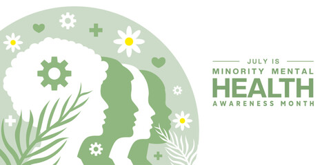  July is National Minority Health Awareness Month. Peoples, gear, plus icon, heart, flower and leaf. Suitable for posters, banners and social media. White background.