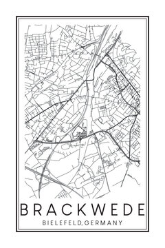 Hand drawn printable downtown road map poster of borough BRACKWEDE of the German city of BIELEFELD on solid white background with city name