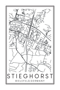 Hand drawn printable downtown road map poster of borough STIEGHORST of the German city of BIELEFELD on solid white background with city name