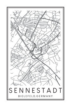Hand drawn printable downtown road map poster of borough SENNESTADT of the German city of BIELEFELD on solid white background with city name