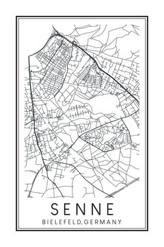 Hand drawn printable downtown road map poster of borough SENNE of the German city of BIELEFELD on solid white background with city name