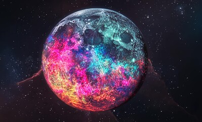 Wall Mural - A vibrant, colorful planet floating in a cosmic space with swirling nebulae in the background
