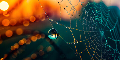 A glistening spiderweb with dew drops creates a intricate pattern in nature