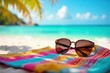 © Piyapol - Relaxing Caribbean beach scene with stylish sunglasses resting on a vibrant towel, capturing the essence of tropical vacation ,  exotic,  blue,  coconut trees