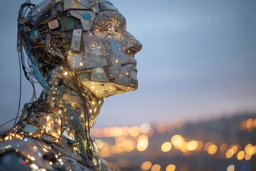 Aufkleber - Cybernetic Humanoid Head Made of Circuit Boards and Wires Against City Lights, Depicting Technological Innovation and Artificial Intelligence : Generative AI