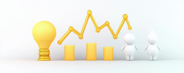 Poster - Minimalist 3D illustration with a yellow lightbulb, bar graph, line chart, and two white human figures on a white background.