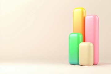 Poster - Colorful 3D rectangular bars of varying heights arranged together on a light background, resembling a modern bar chart.