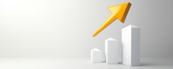 Poster - Minimalist 3D bar graph with a rising yellow arrow symbolizes growth, success, and positive business trends.