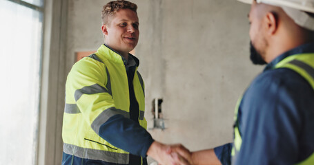 Poster - Man, construction worker and handshake for deal, renovation and smile with welcome at site. People, engineer and architect with agreement, respect and shaking hands for introduction at property