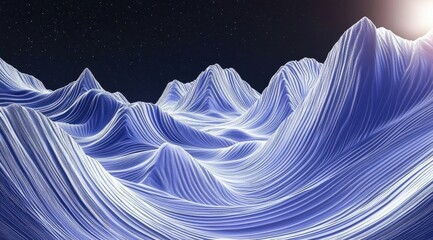 Glowing, abstract, blue mountain range under a starry night sky, illuminated by a bright sun