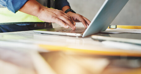 Aufkleber - Man, laptop and hands with typing for construction, floor plan inspection and building renovation of development. Engineer, technology and project management with maintenance for infrastructure