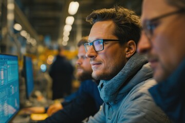 Fototapete - Three Men Analyzing Data on Computer Screens in an Office, Illustrating Teamwork and Technology Solutions for Business Intelligence : Generative AI