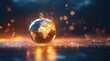 © AT - A shimmering, metallic globe atop a golden orb rests on a fiery, reflective surface, encircled by bokeh lights and dark, smoky ambiance