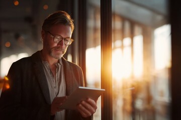 Fototapete - Man Using Tablet Near Window at Sunset, Representing Digital Transformation and Modern Communication in the Workplace : Generative AI