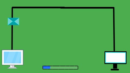 Poster - Email Sending Process Animation with Copy Space. Sending an email from one computer to another. A digital envelope traveling between two devices, representing online communication and data transfer.