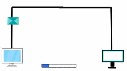Poster - Email Sending Process Animation with Copy Space. Sending an email from one computer to another. A digital envelope traveling between two devices, representing online communication and data transfer