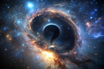 Poster - Cosmic question mark floating in a vibrant nebula surrounded by stars and celestial gas, creating a sense of mystery and wonder