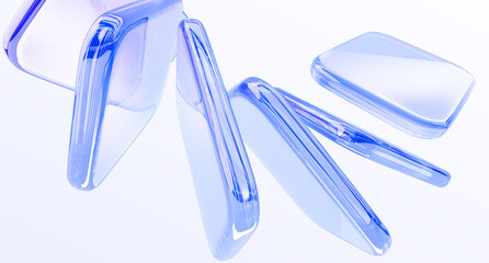 Poster - Abstract 3d background wallpaper with blue glass transparent square plates, motion effect render. Liquid water block shapes. Geometric curve wave pattern. Digital tech graphic design. 3D illustration