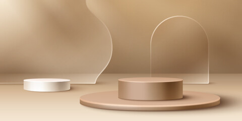 Poster - Beige cylindrical podiums or pedestals in varying heights - round platform stages for showcasing products. Soft brown minimalist background with elegant 3d stages, wavy backdrop and glass arch
